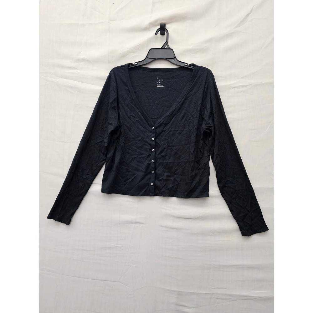 A New Day Womens V-Neck Button Front Cardigan Black Cotton Blend Casual Size XL